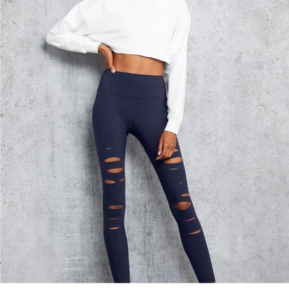 ALO Yoga navy blue leggings rips on front medium m high tries waist tights - Picture 5 of 6